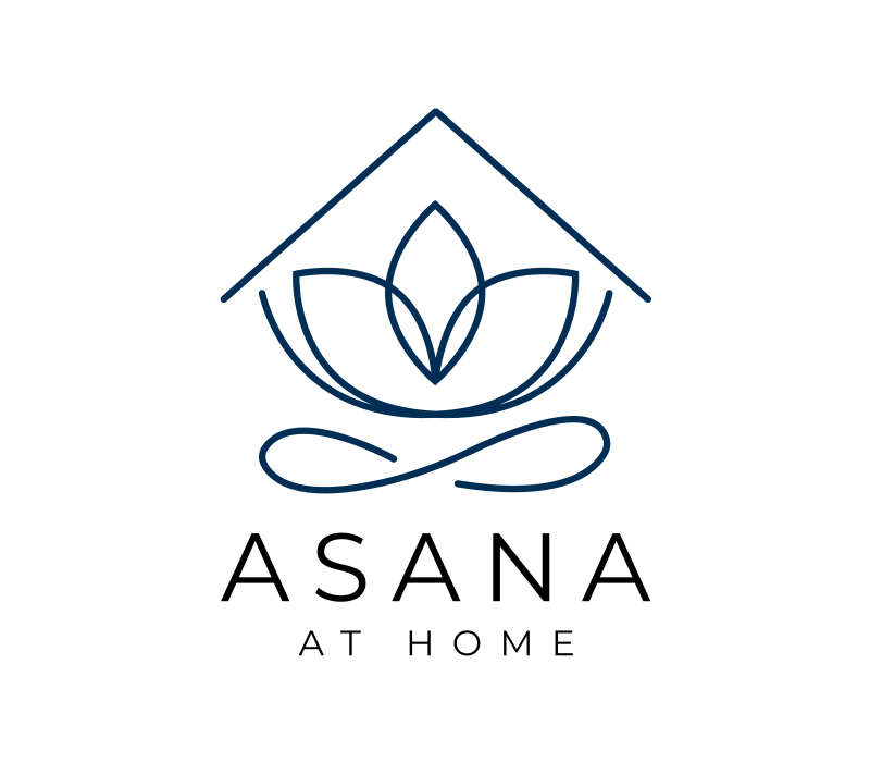Logo for Asana at Home Online Yoga Video Classes. Blue with Black Print